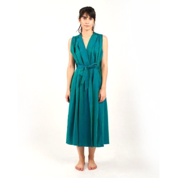 Mii Dresses & Skirts - Mii Handwoven Iridescent Silk Cotton Wrap Joe Dress SZ M Blue Green Teal Artisan